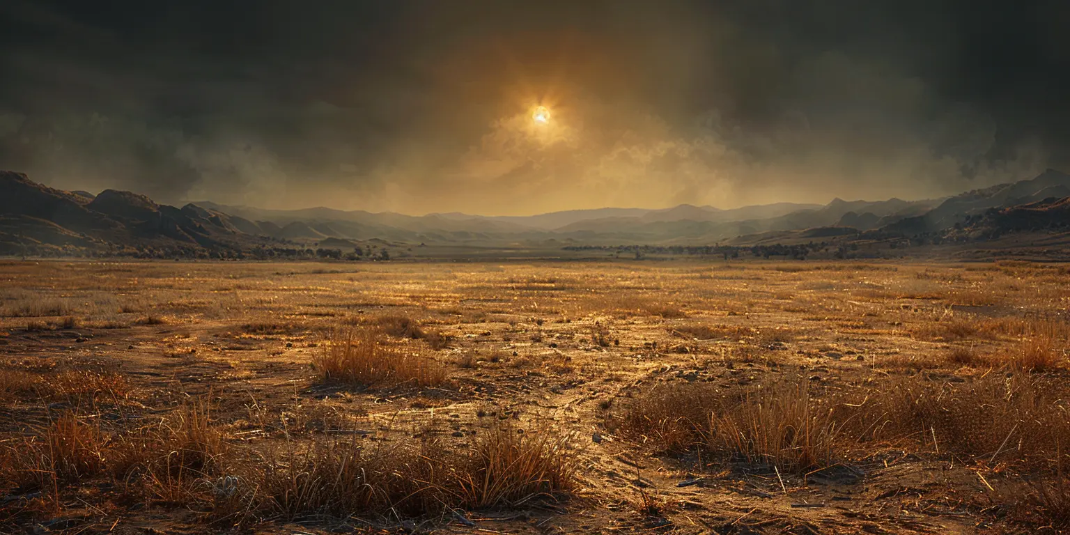 Sun-baked prairie with Oregon Trail cutting through tall grass, distant mirage under cloudless sky