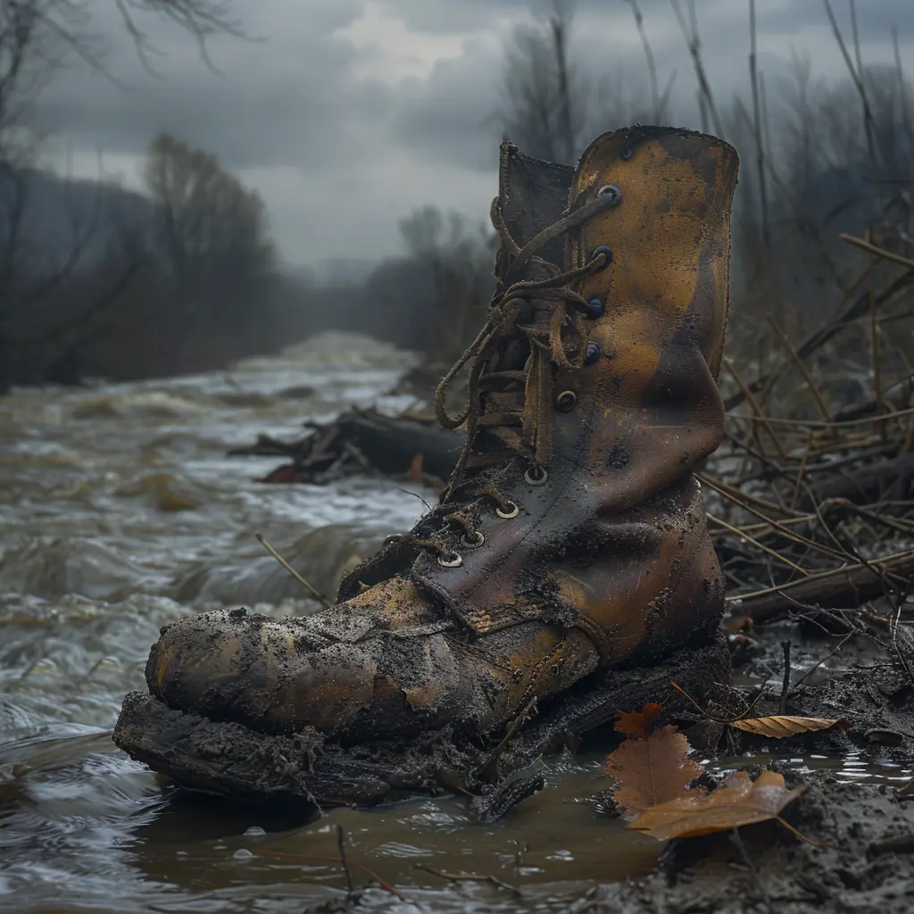 Muddy, worn leather boot at river's edge. Water swirls around it, carrying twigs and leaves downstream.