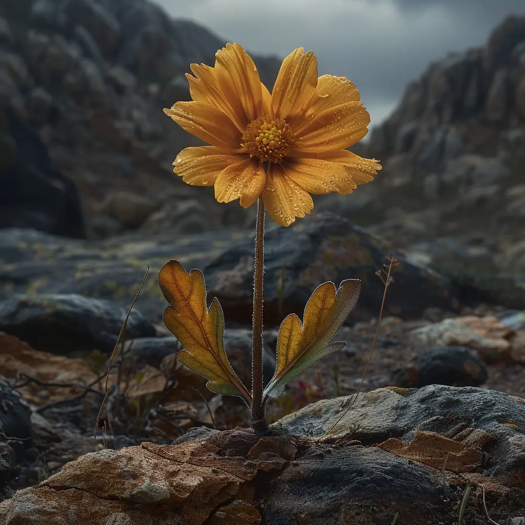 Wildflower blooms amid rocky landscape, symbol of resilience and hope amidst life's challenges on the rugged frontier trail.