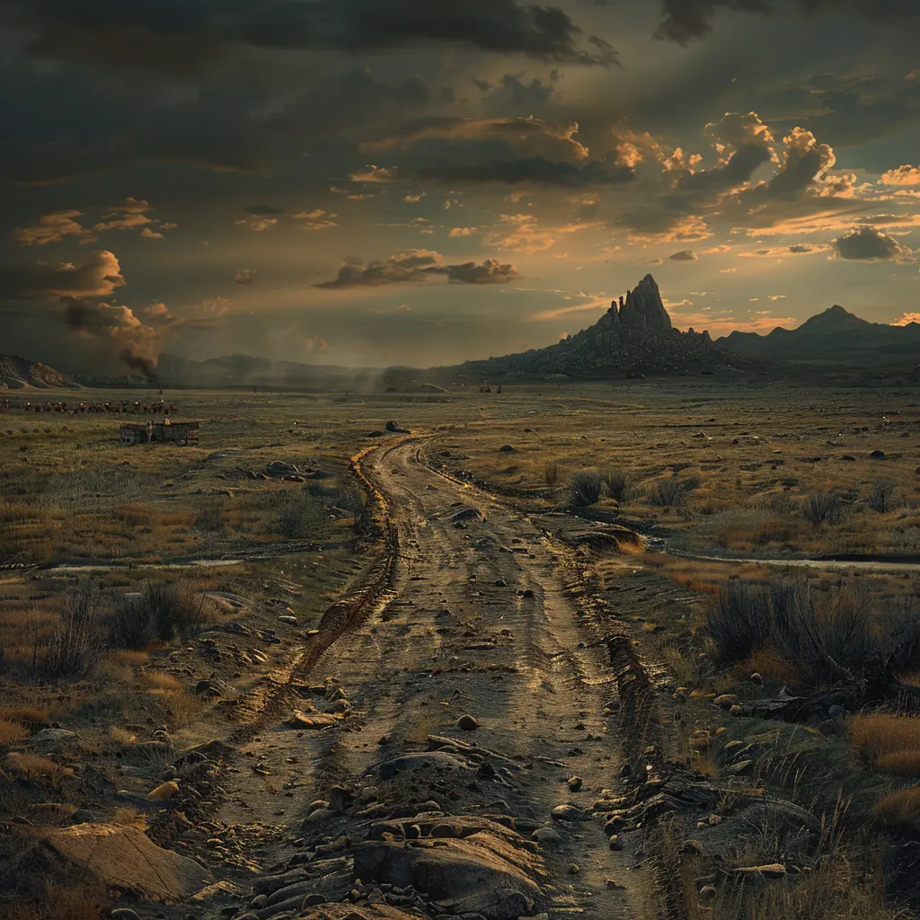 Aerial view of wagon train crossing vast prairie at sunset, with Chimney Rock visible on distant horizon.
