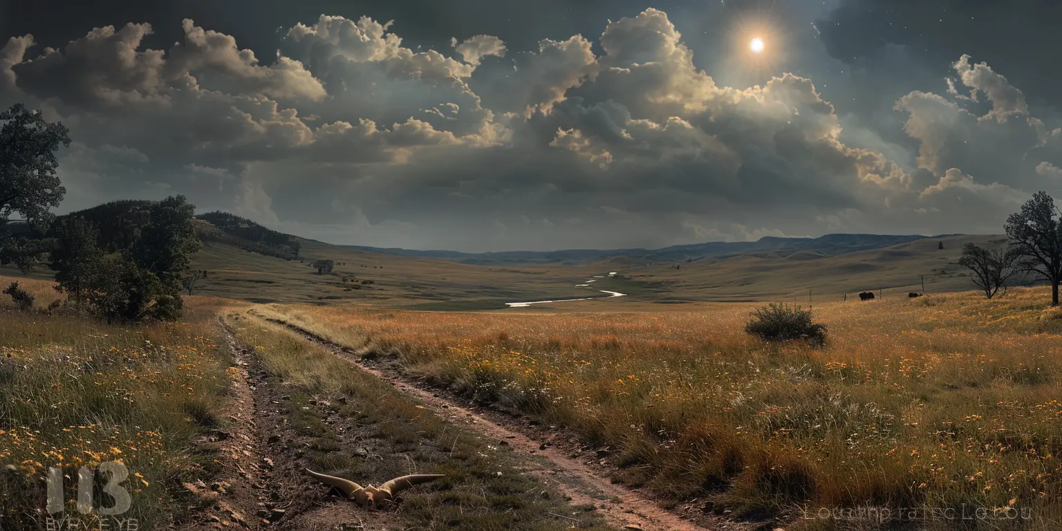 Prairie landscape with Oregon Trail cutting through, distant creek visible, under cloudless sky and hot sun.
