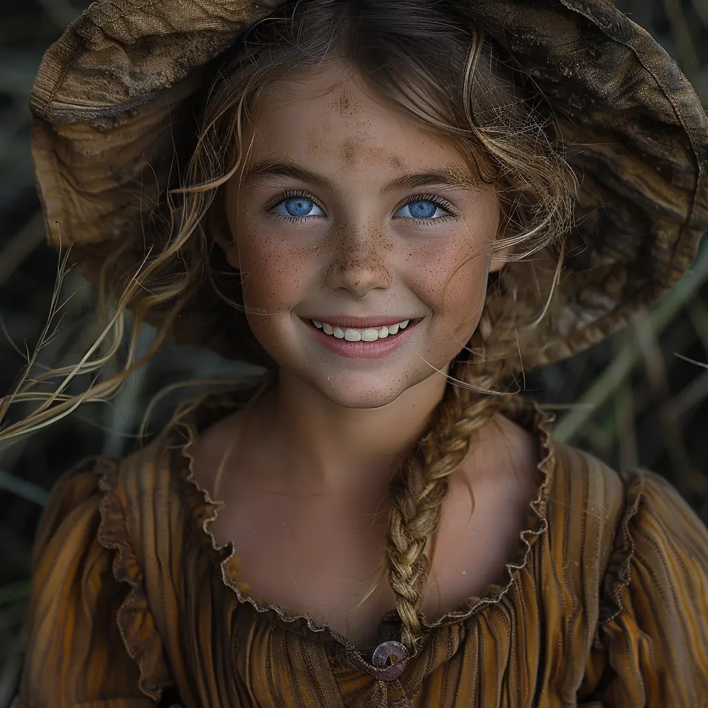 Portrait of Sarah, 10, laughing on Oregon Trail. Freckled face, missing tooth, sun-bleached hair, joyful expression.