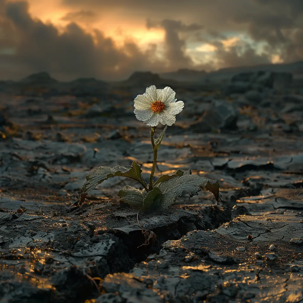 Vibrant wildflower growing through cracked, dry earth, symbolizing resilience and hope in harsh conditions.