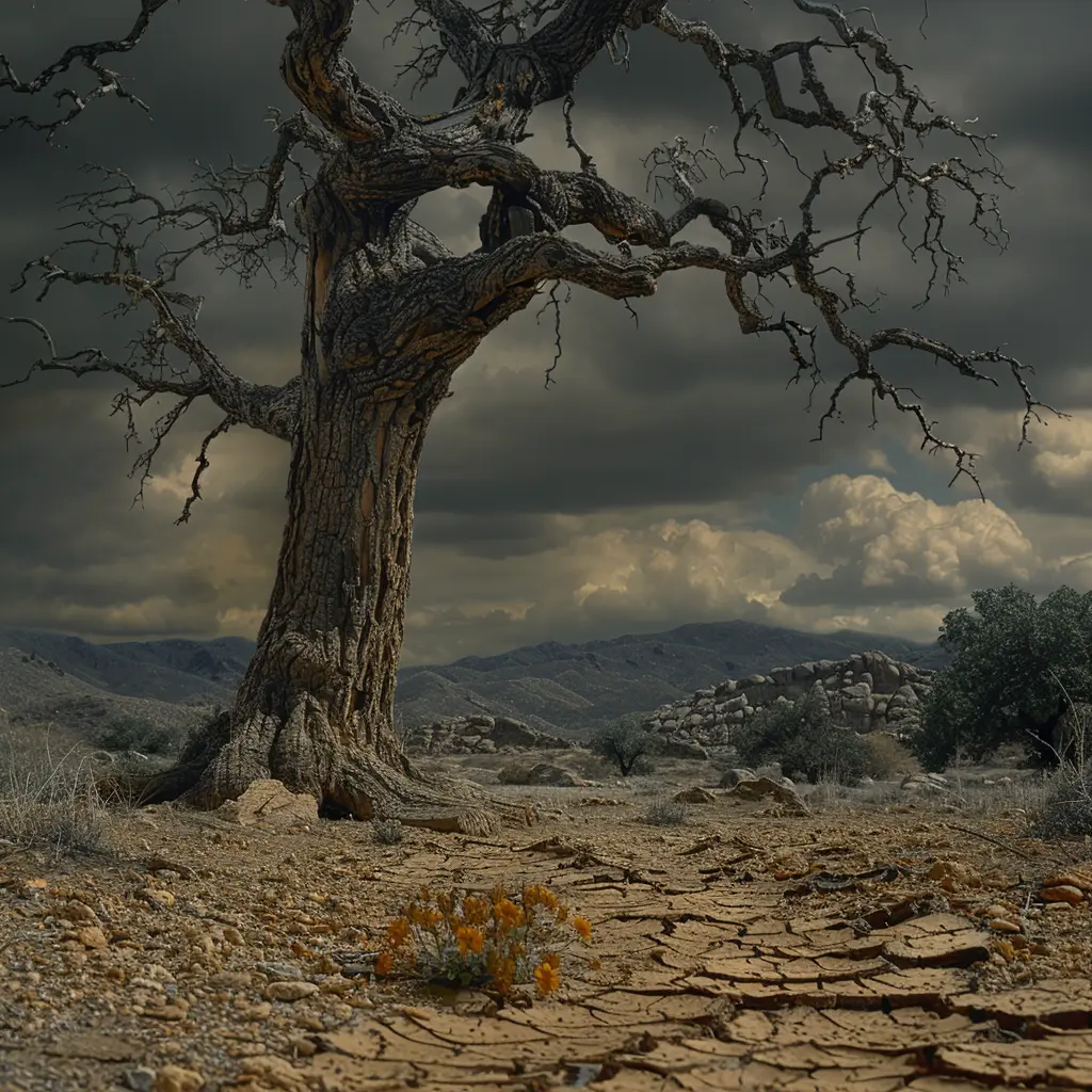 Oak tree trunk on barren trail, twisted branches skyward; desert flower blooms at base, mirroring resilient hope.