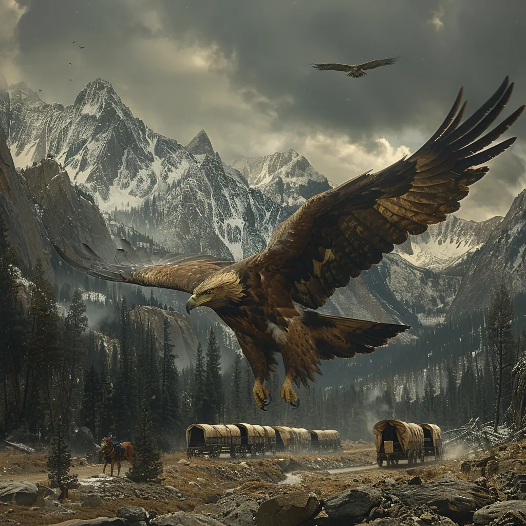 Aerial view of Oregon Trail with wagon train winding through mountains, eagle soaring overhead