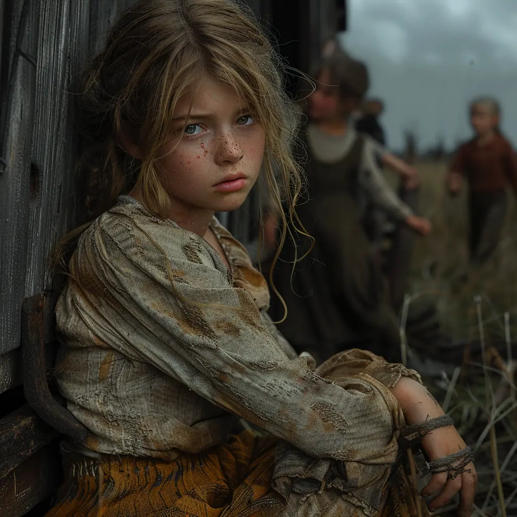 Young orphan girl sits soldered, haunted gaze fixed on wagon floor as laughter swirls, symbolic of loneliness on Oregon Trail journey.