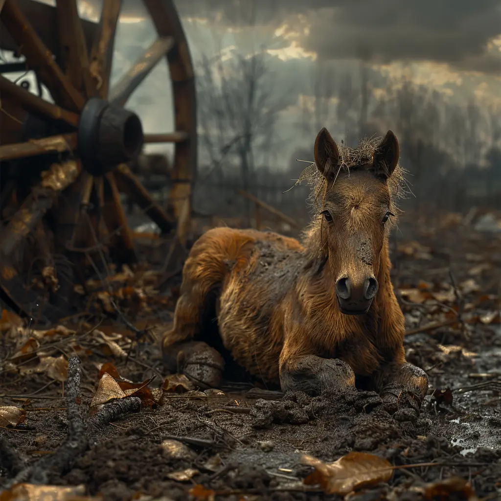 Small wooden horse figurine resting in dirt beside wagon wheel, illuminated by sunset light on the Oregon Trail