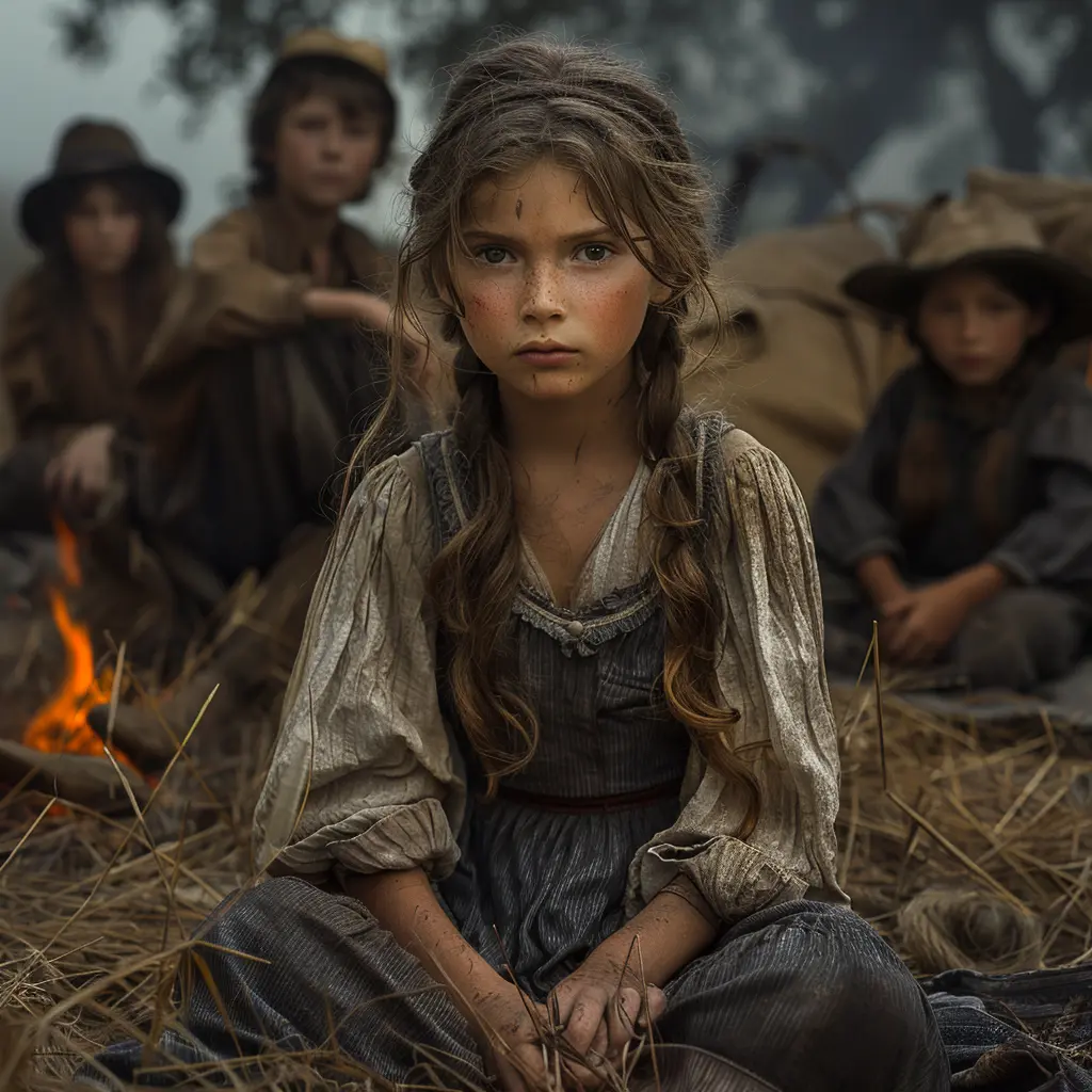 Covered wagon view of Oregon Trail, tiny wagon train dwarfed by vast prairie landscape with buttes/mesas on horizon.