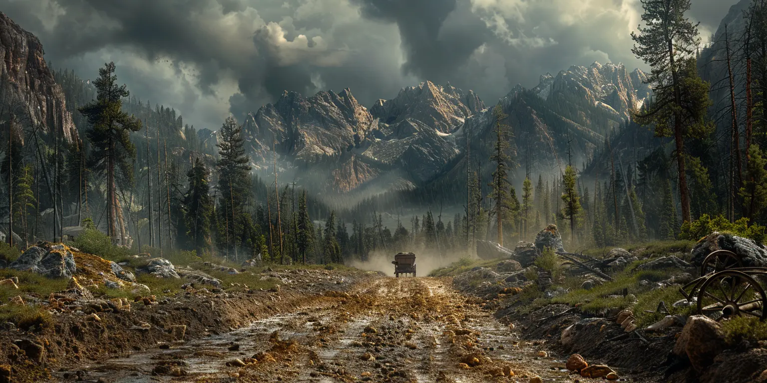 Mountain pass with winding trail through evergreens. Wagon train visible in distance crossing rugged terrain at sunset.
