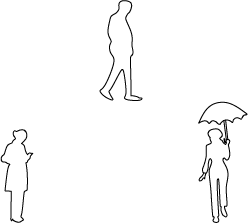 Woman with umbrella, Man walking, Woman on phone