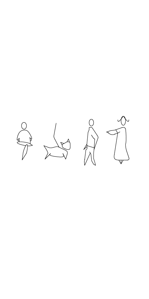 man sitting, dog on leash, man walking, woman walking