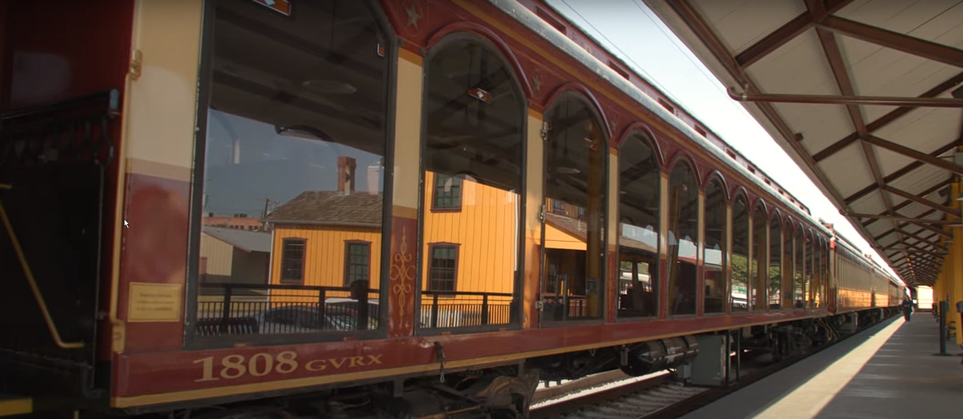 View of a train car with big windows part of the Grapevine Vintage Railroad in Grapevine, TX