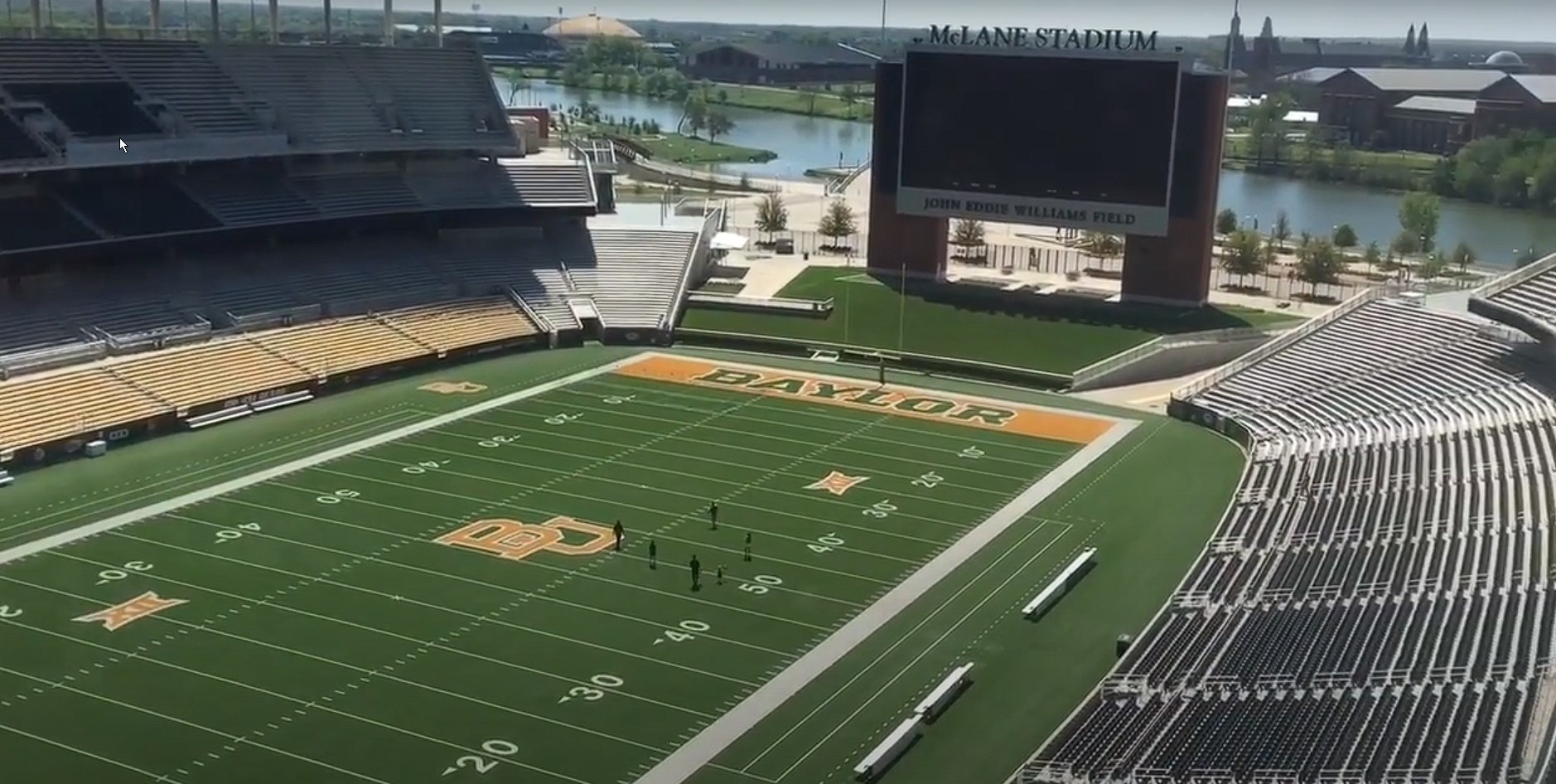 McLane Stadium at Baylor University, a view of the field and scoreboard from the stands in Waco, TX