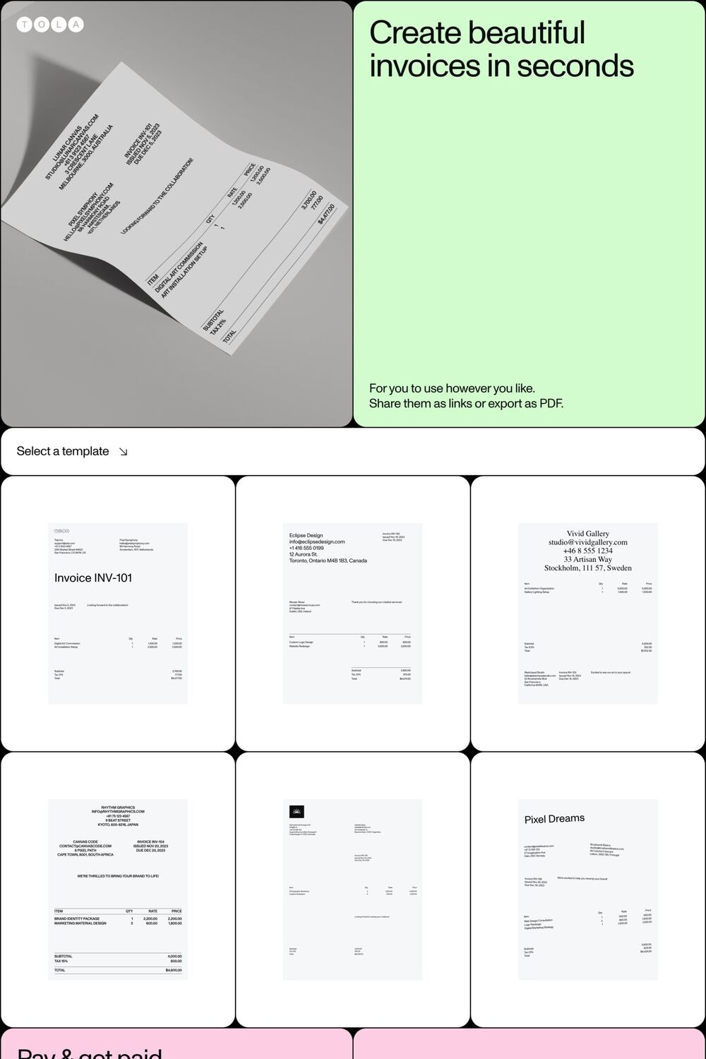 Tola Invoice website screenshot