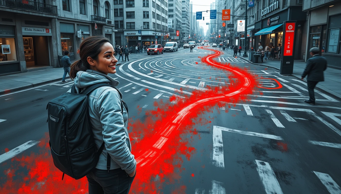 Delivery driver following glowing red path through maze-like intersection, depicting AI in logistics