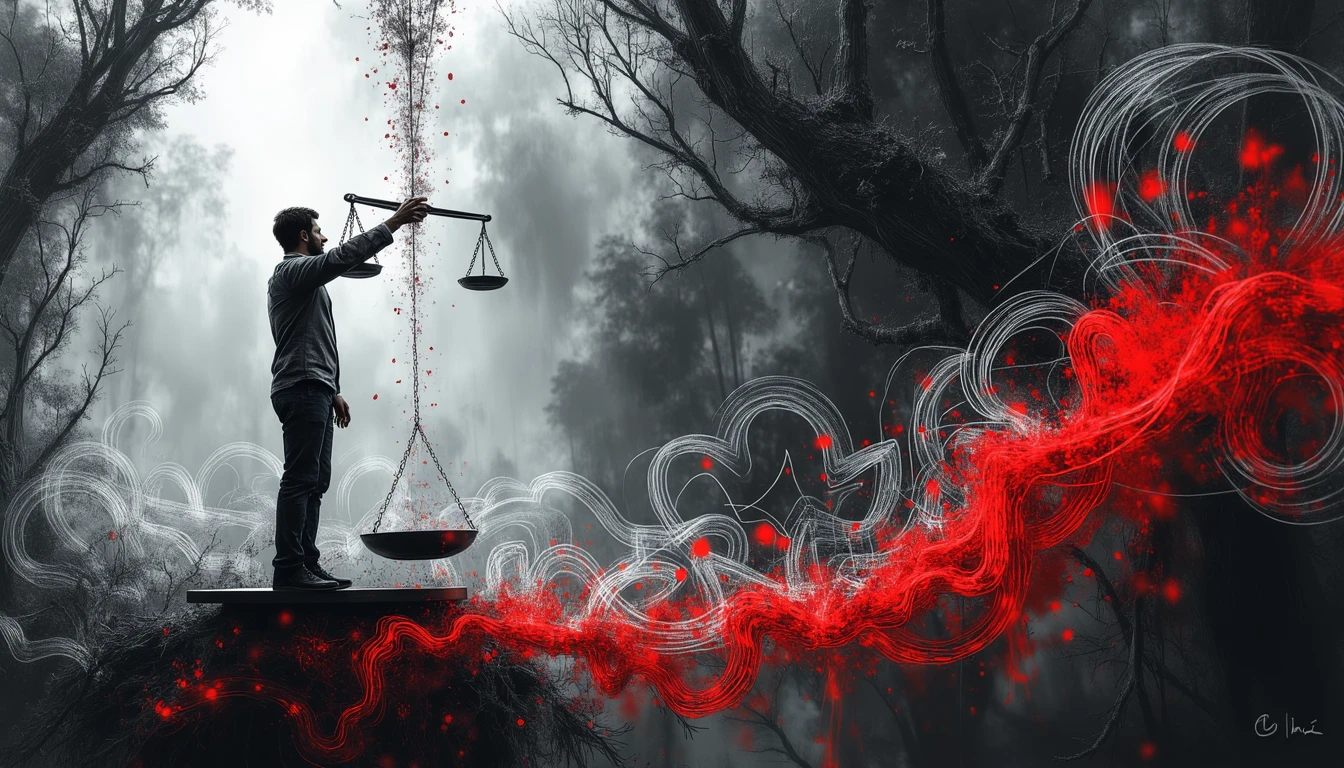 Person balancing data threads on justice scale, fighting algorithmic bias