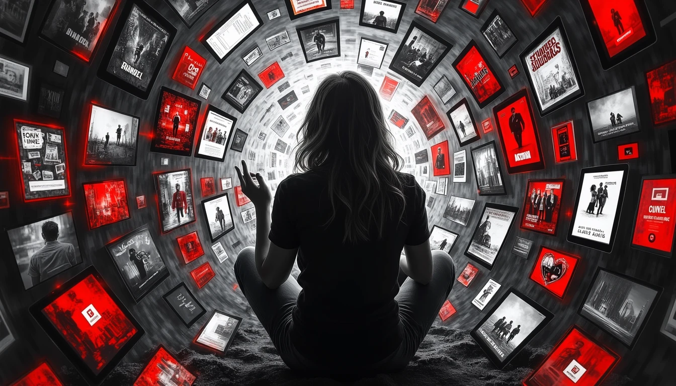 Viewer surrounded by adaptive movie thumbnails in dynamic swirl