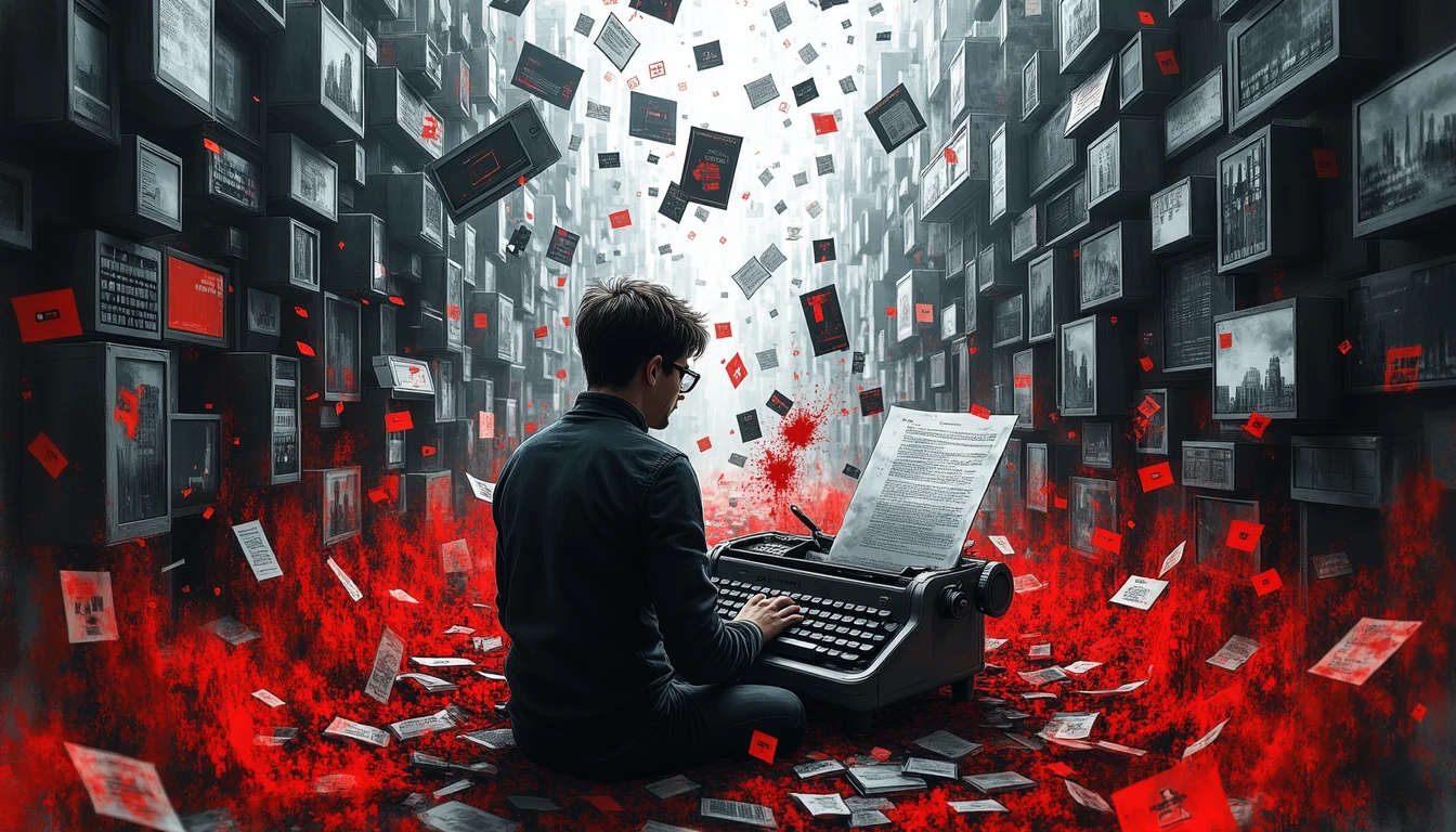 Writer inside transformative storytelling machine