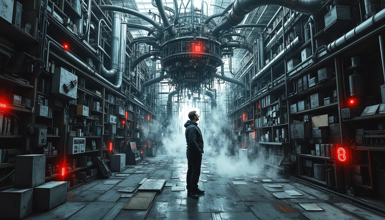 Researcher managing complex AI network in surreal factory setting