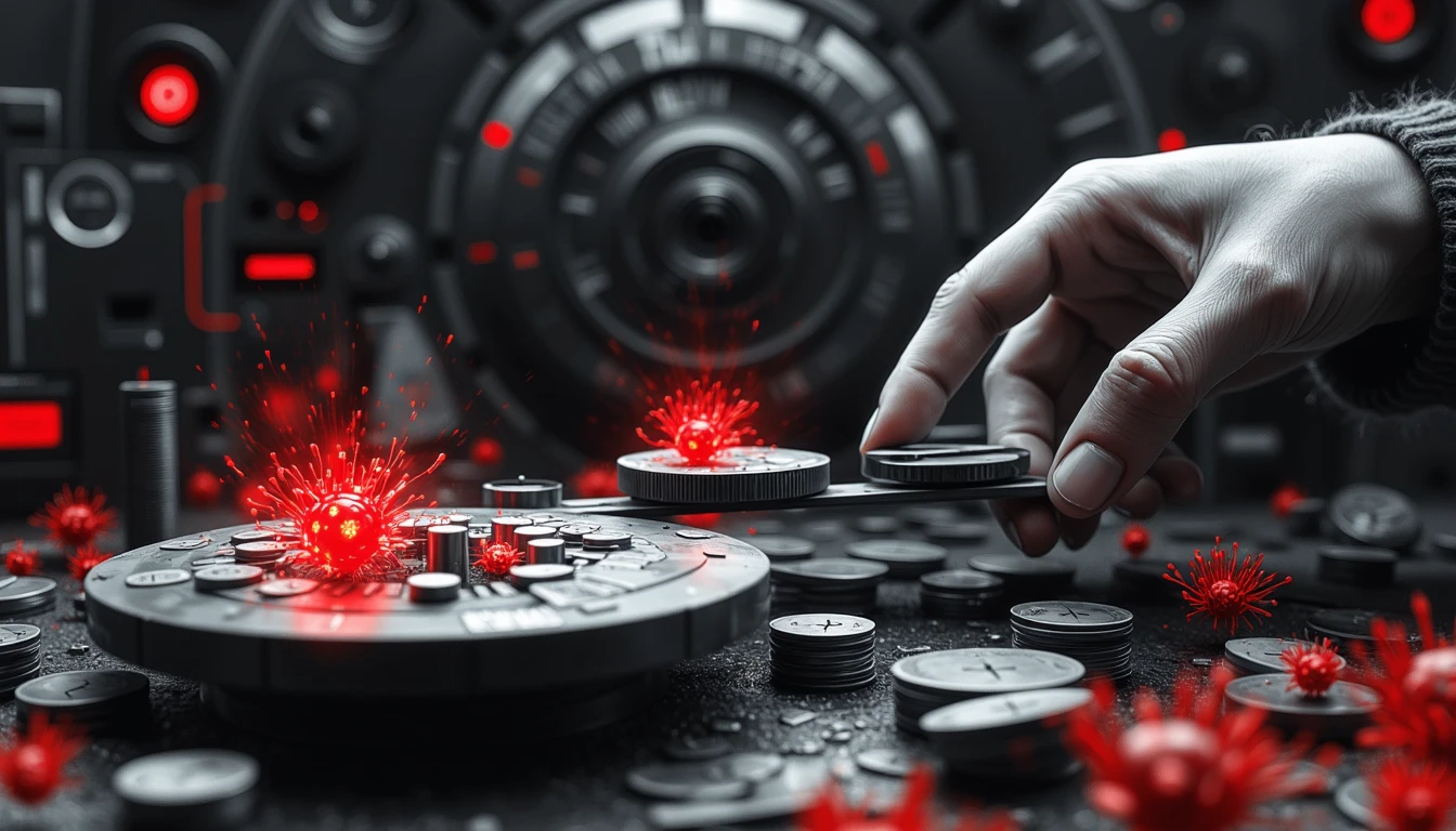 Researcher calibrating AI risk assessment on complex mechanical scale