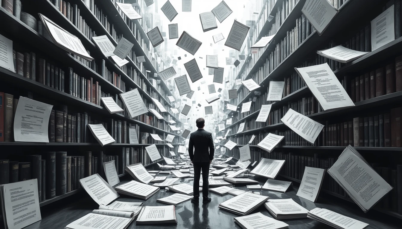 Person navigating floating, transforming books representing AI predictions