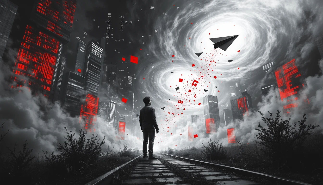 Researcher guiding paper airplane through data tornado