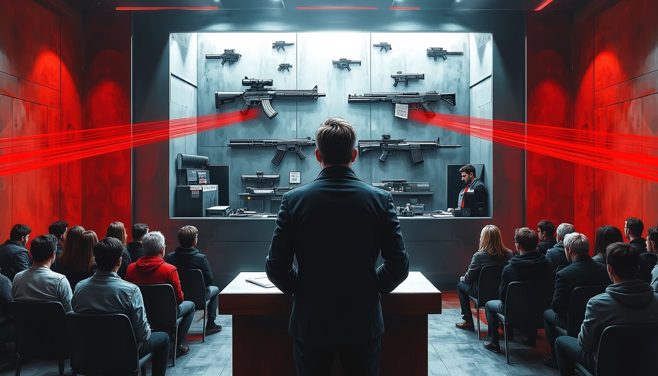 Person addresses jury in futuristic courtroom with autonomous weapons on trial