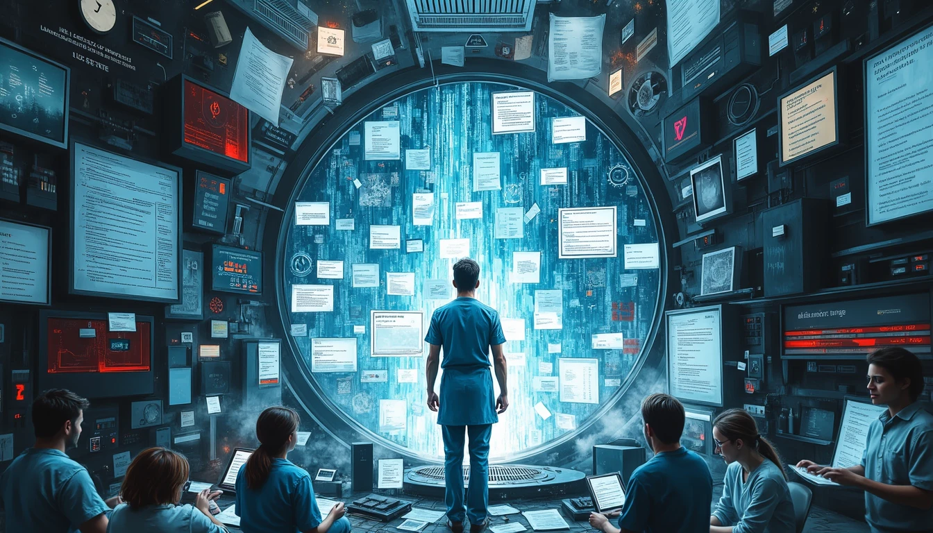 Healthcare professional managing complex ethical AI system