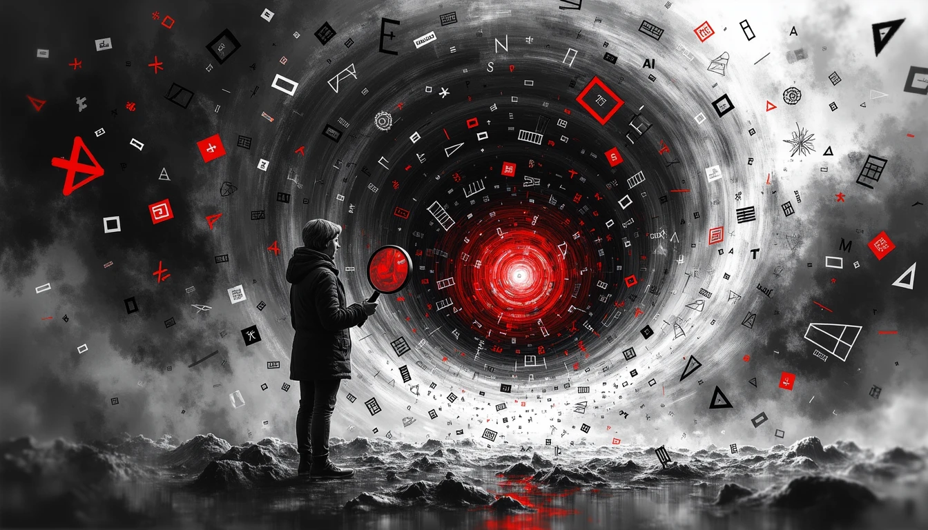 Researcher examining complex neural network data in swirling mathematical landscape