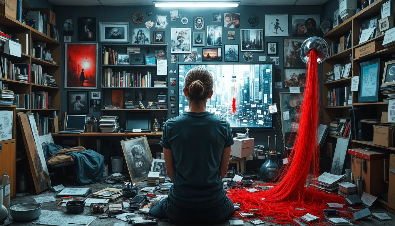 Artist exploring interconnected AI movie narrative reels