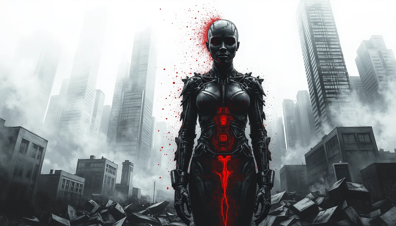 Human-machine hybrid stands on transforming cityscape, embodying technological evolution