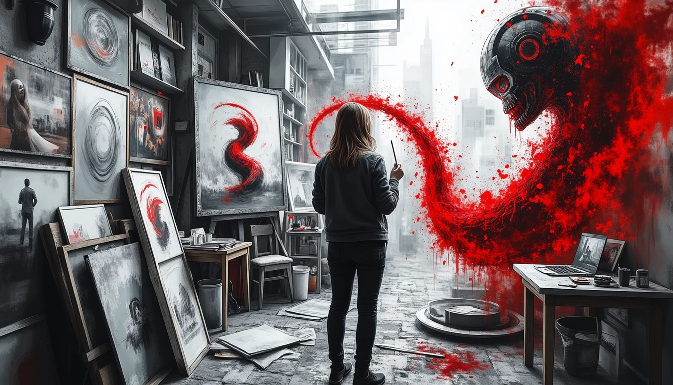 Artist battling AI-generated art in surreal studio space
