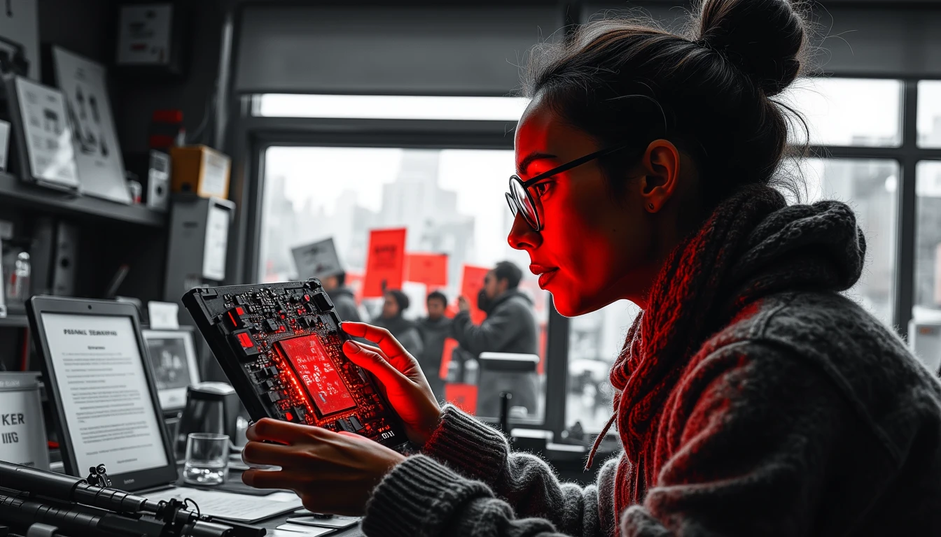 Scientist examining AWS circuit board, protesters visible outside lab