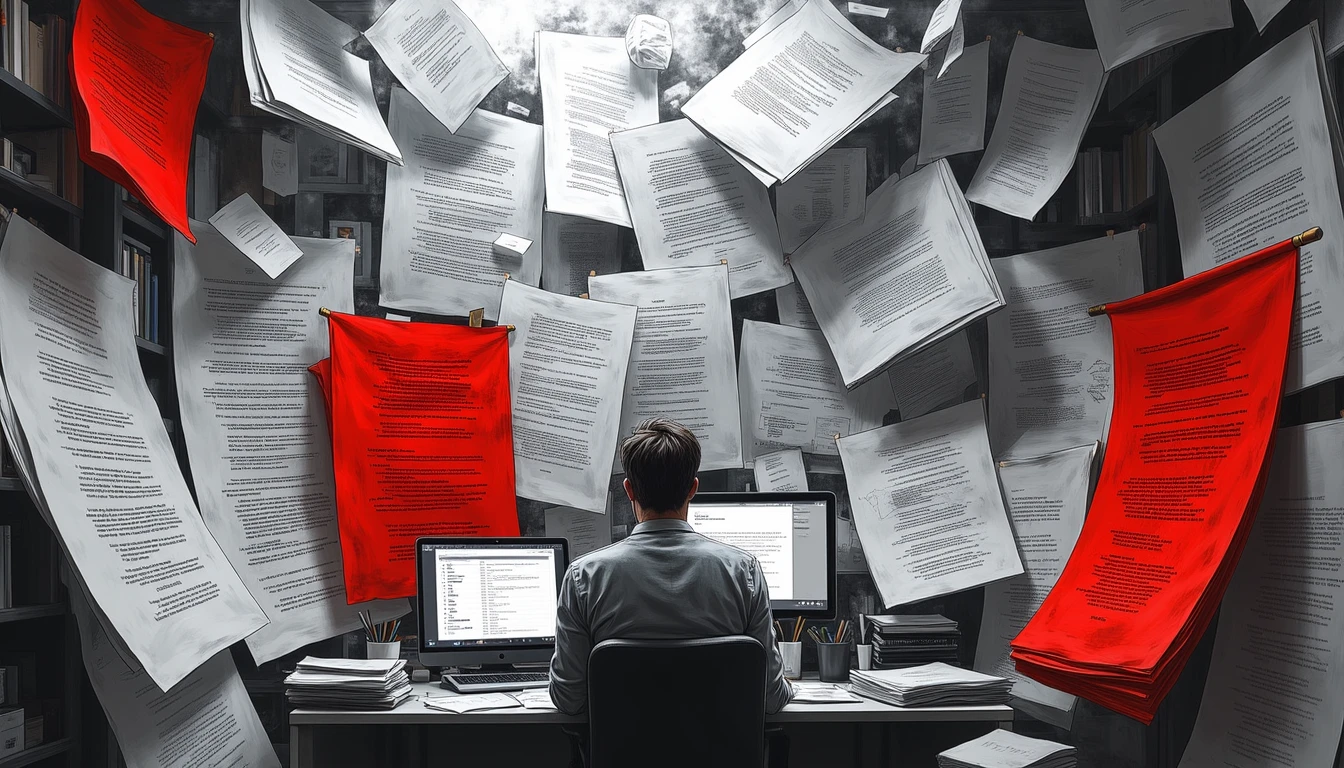 Writer amid swirling script pages, AI transforming storytelling