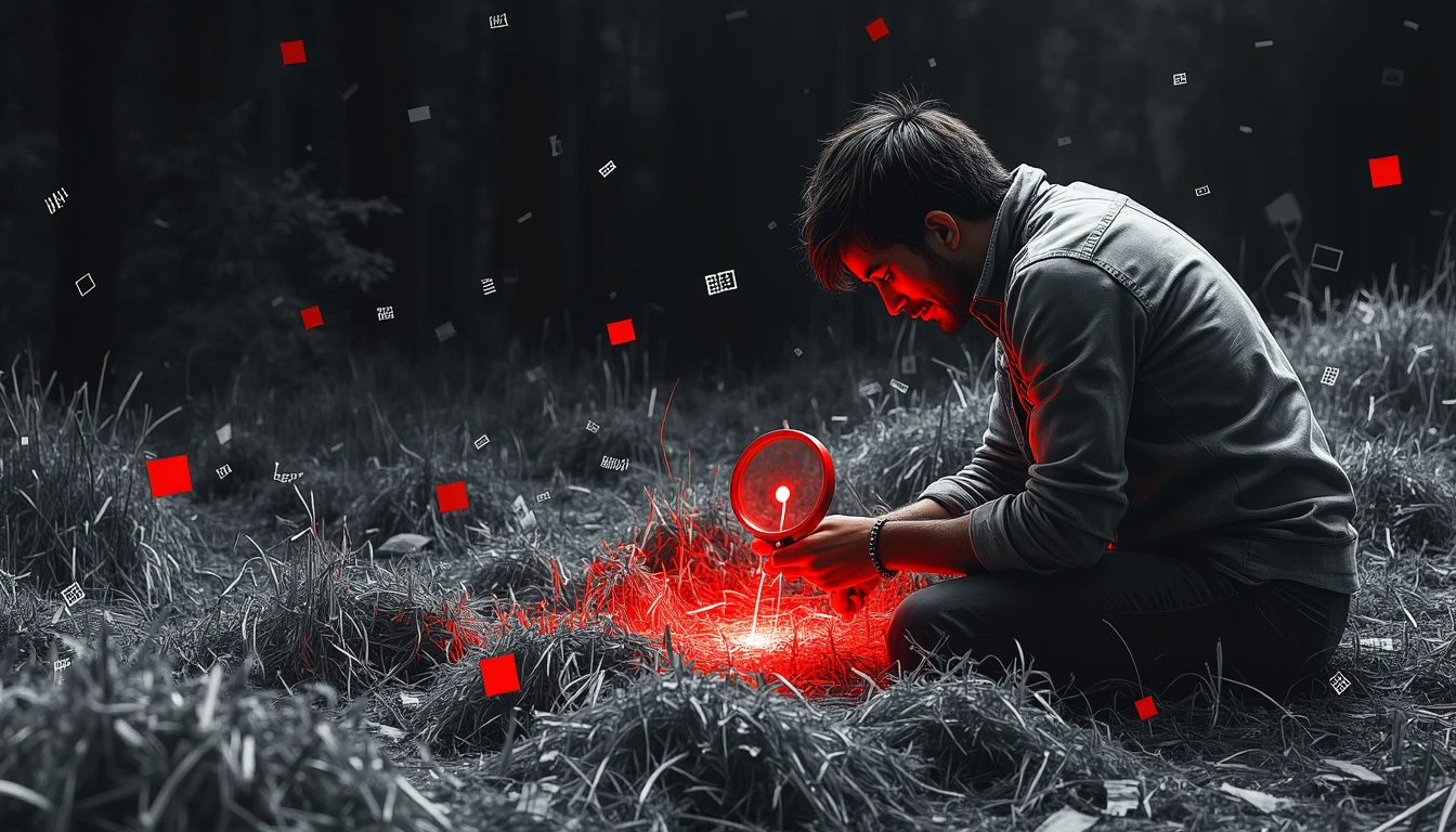 Researcher searching for glowing needle in data haystack, black and white with red magnifying glass