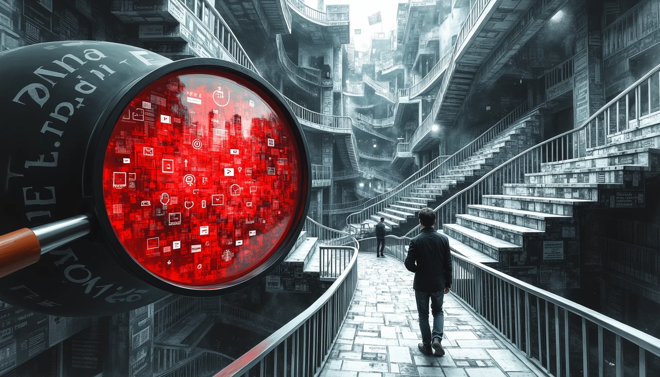 Researcher on Escher-like stairs, magnifying glass reveals red patterns in text, insights float nearby