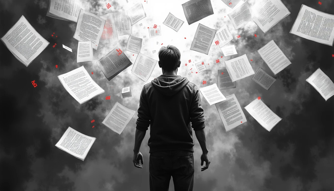 Filmmaker surrounded by dynamic, transforming script pages