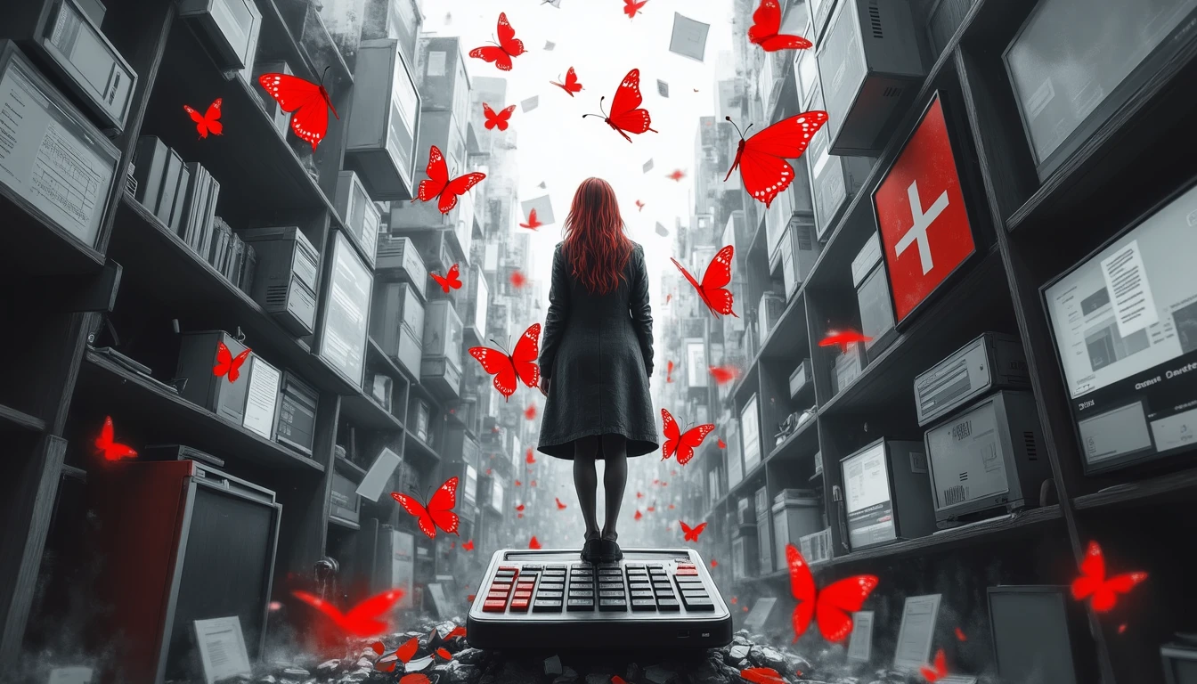 Scientist balancing ethics and innovation on giant calculator