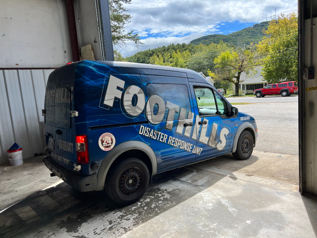 Foothills Construction and Restoration Services disaster response vehicle prepared for emergency restoration services in Hickory, NC. Phone (828) 536-4435.