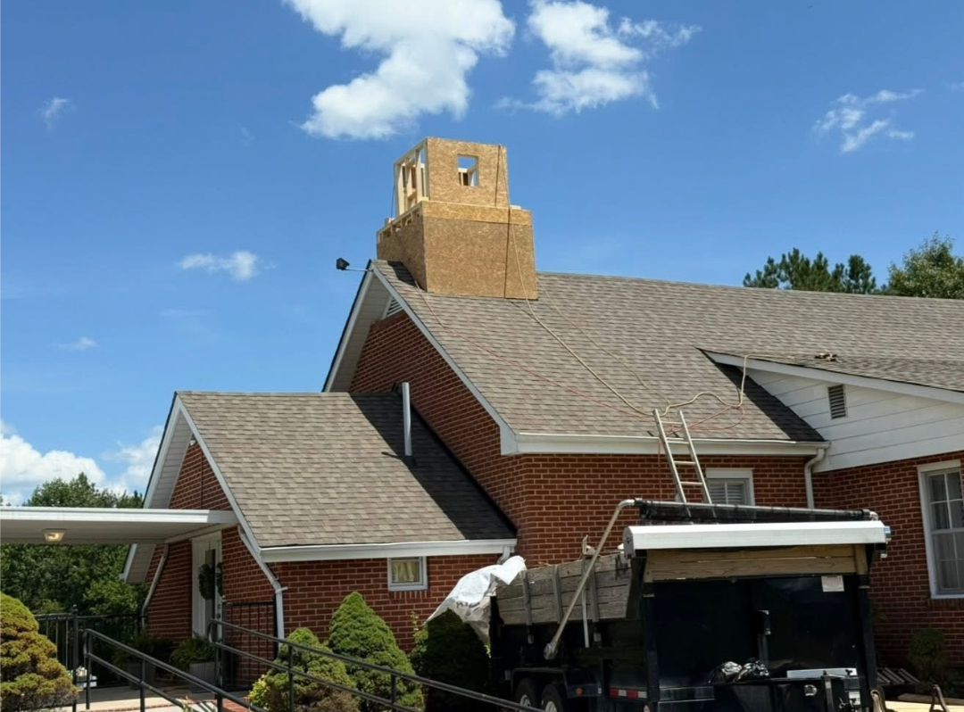 Roofing and structural restoration work on a commercial building performed by Foothills Construction and Restoration Services in Hickory, NC. Call (828) 536-4435.