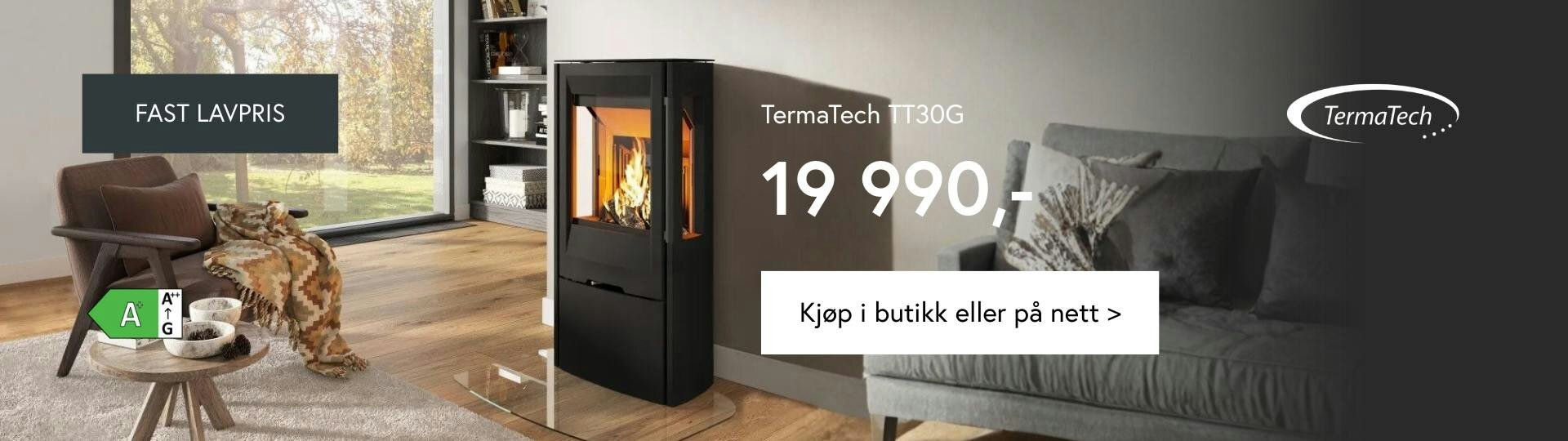 TermaTech - TT30G classic svart vedovn med sideglass og støpejernsdør