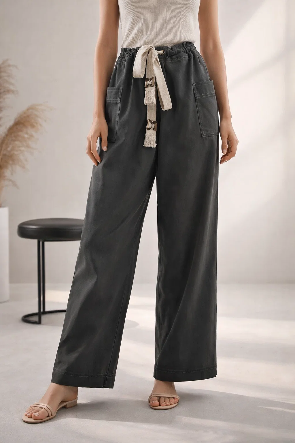Effortless Navy Casual Pant With Soft Polyester Drape