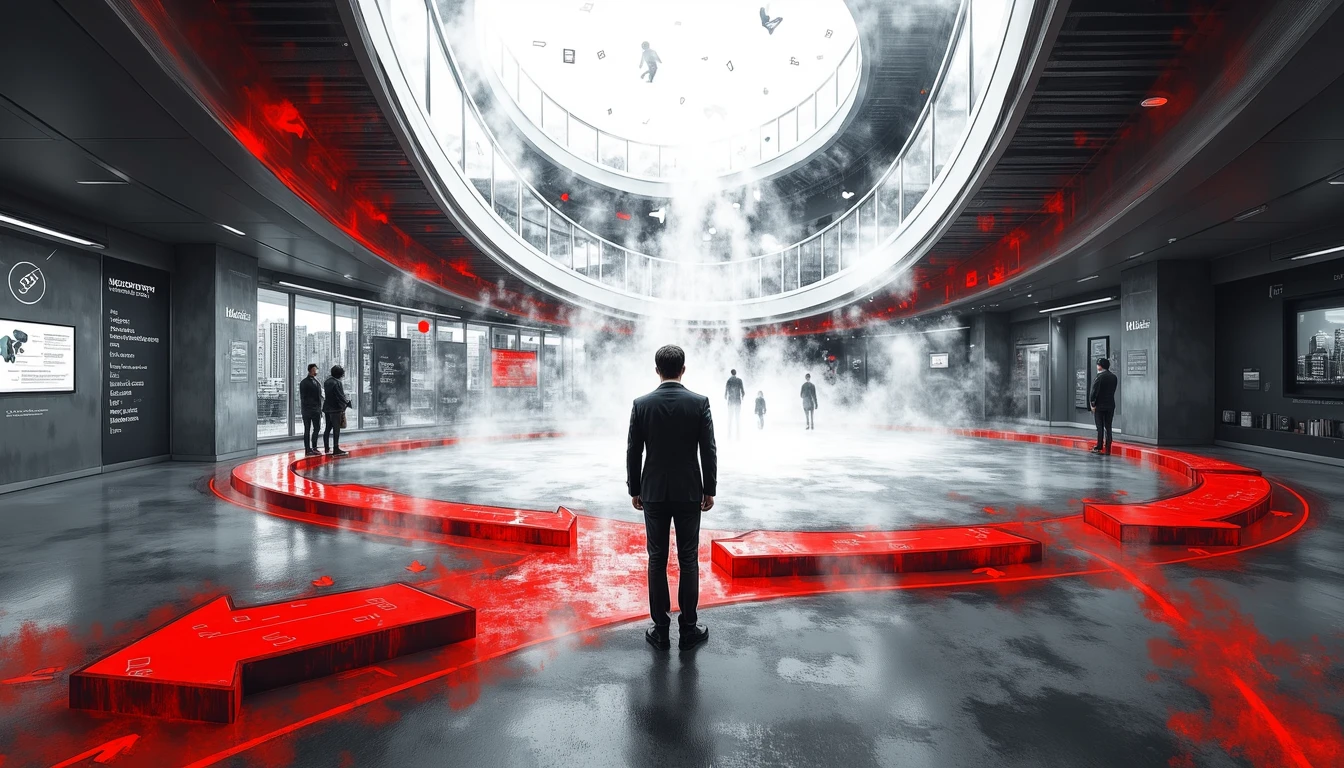 Lone figure navigating complex professional pathways