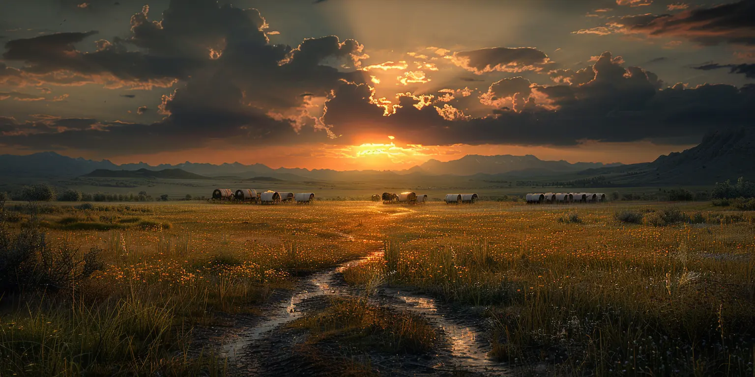 Sunset over the Oregon Trail, with covered wagons traversing vast prairie under golden sky