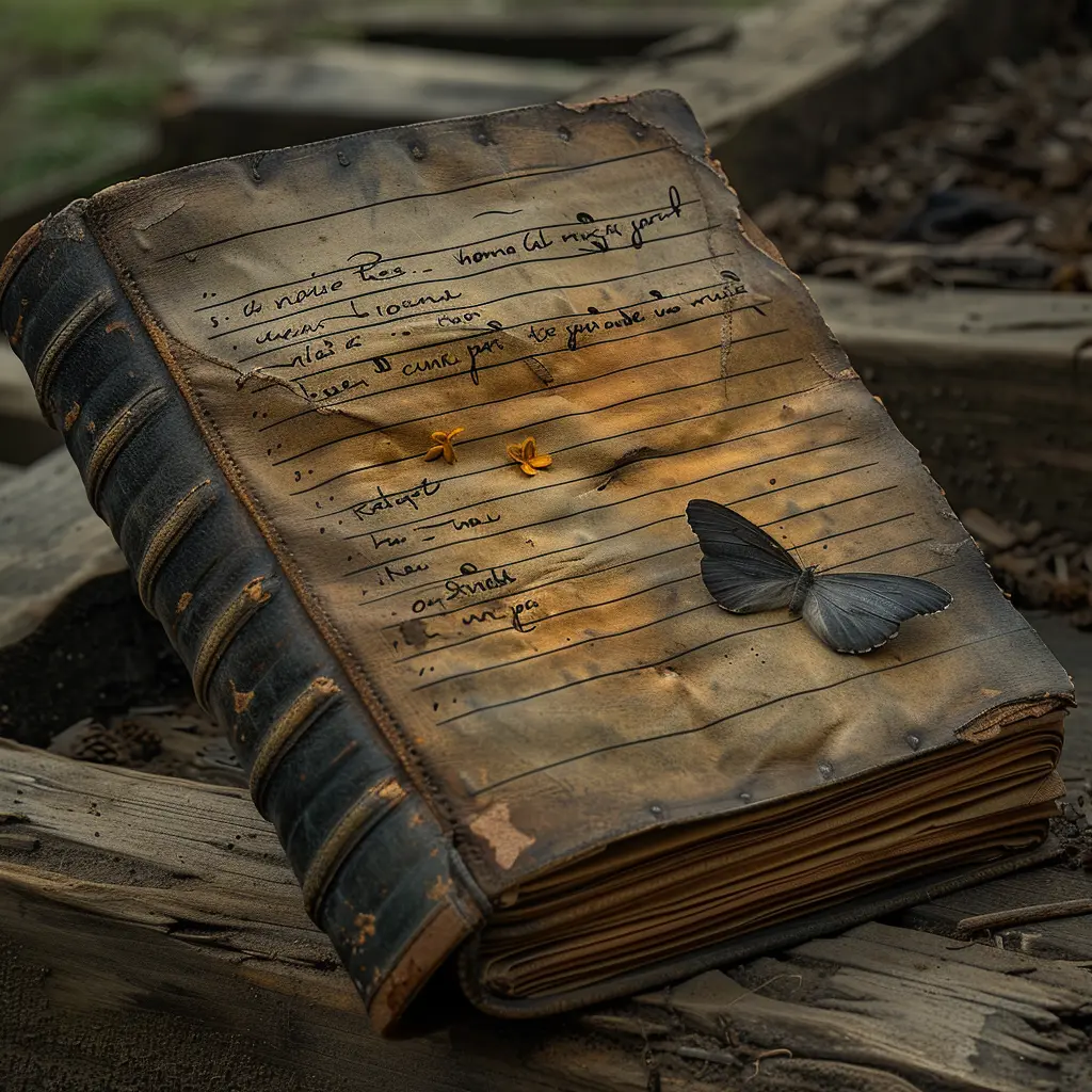 Open leather journal on wagon floor with child's writing, pressed wildflower, and signs of travel wear.