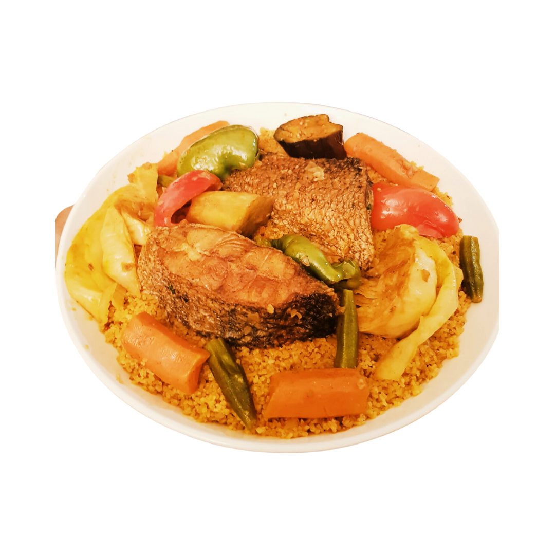 Photo de Thiebou dieun blanc - Riz blanc sénégalais au poisson, légumes variés et épices sans tomate.