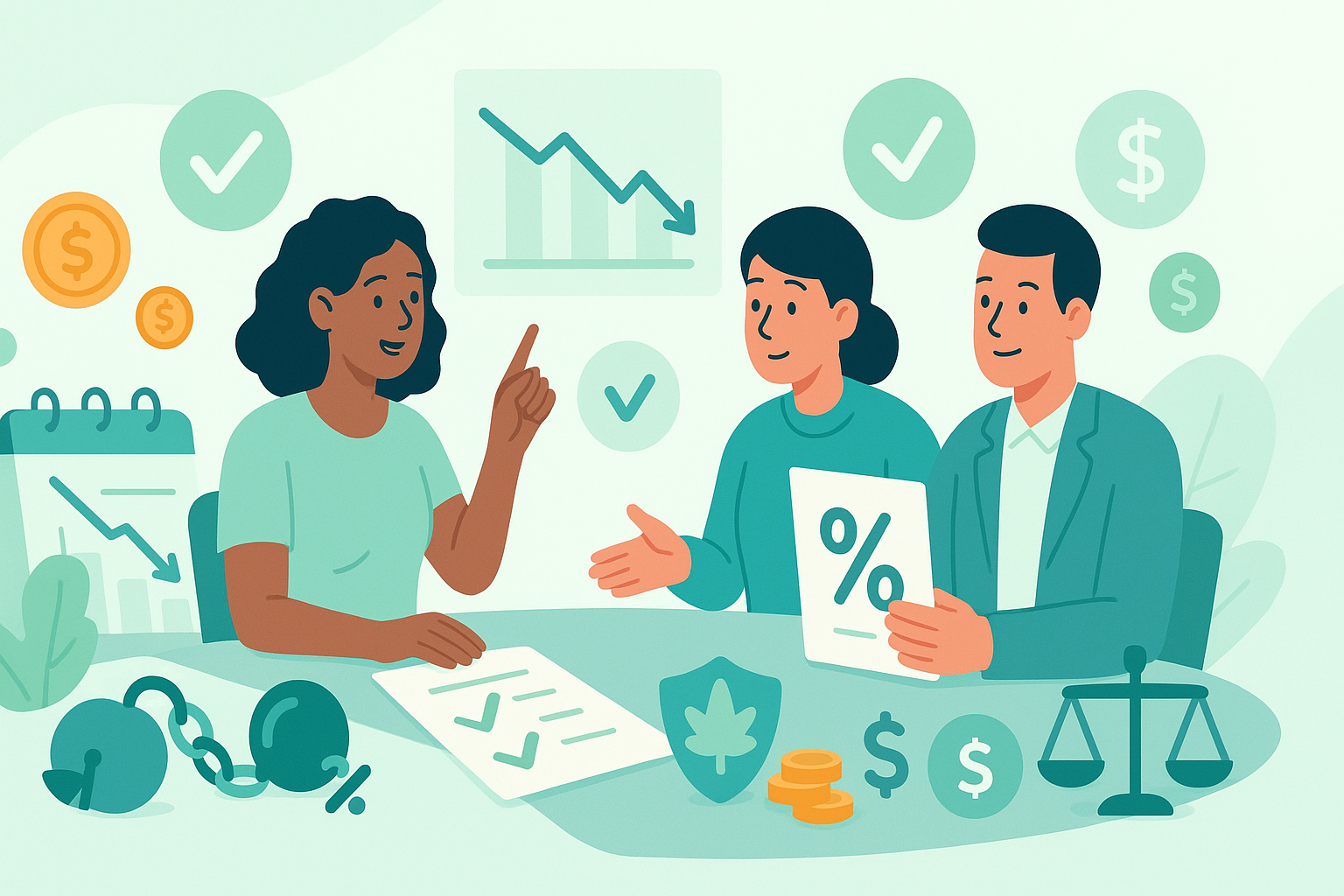 Realistic photo of a person on the phone negotiating with a bank, with teal accents