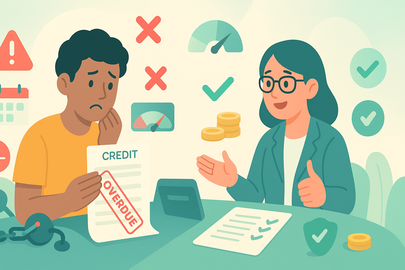 Natural photo of a person at home reviewing credit card bills with a concerned expression and teal accents