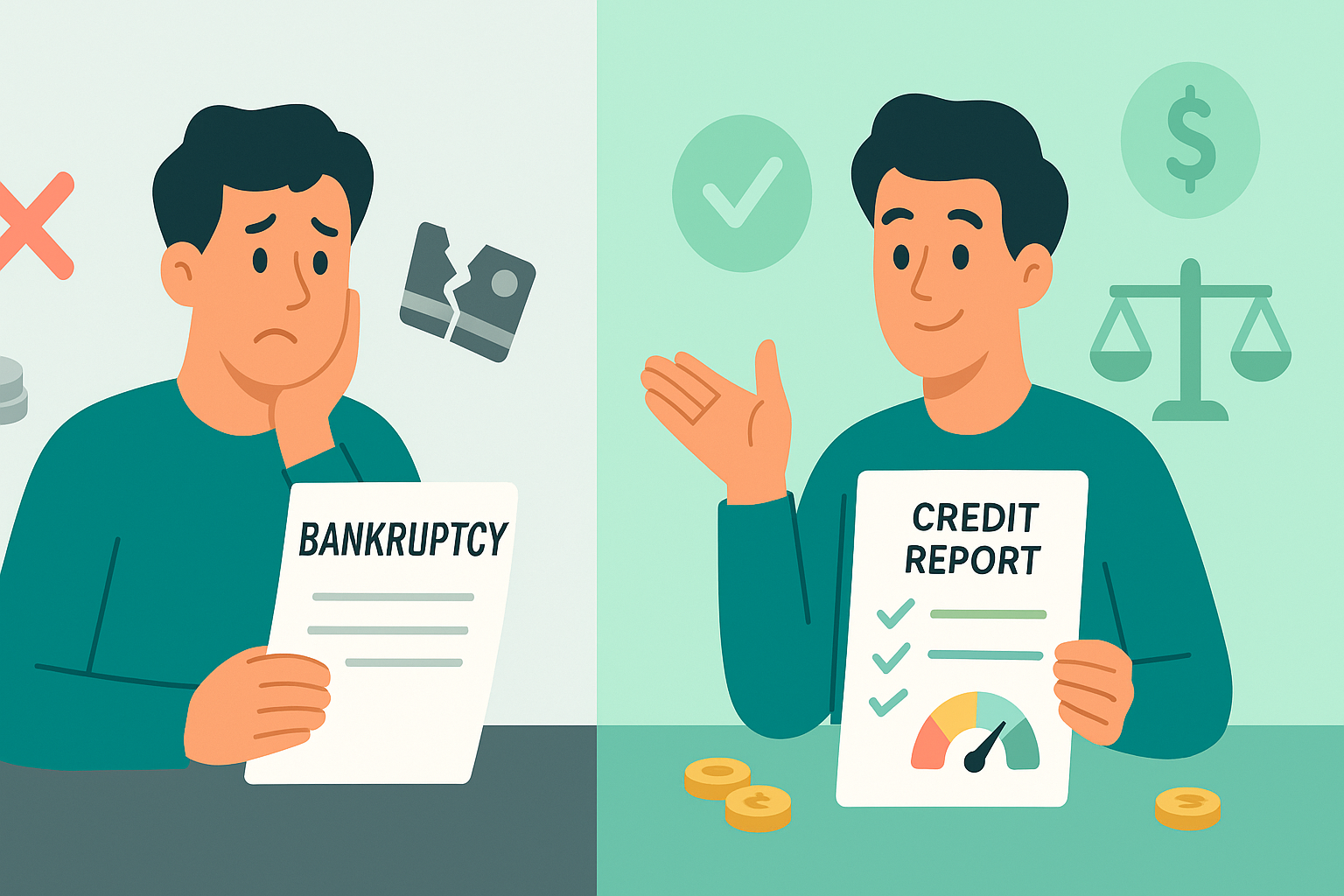 Illustration of a broken piggy bank and rising credit score meter symbolising recovery after bankruptcy in teal and mint tones