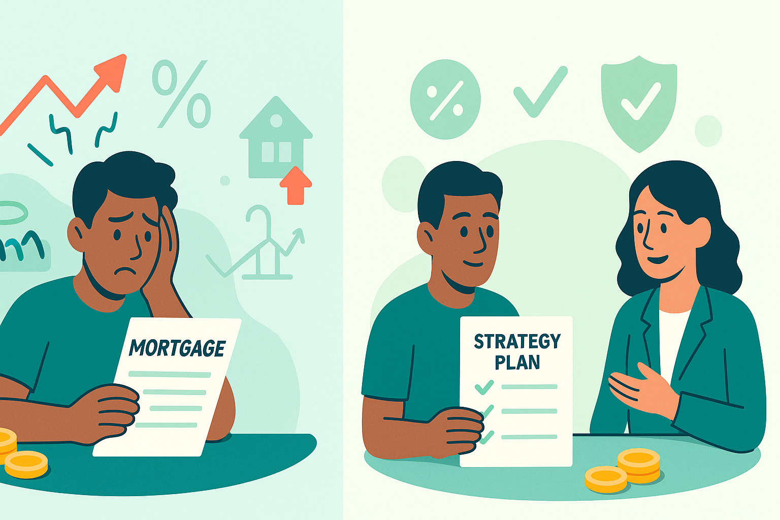 Photo of a worried woman reviewing her mortgage documents at home, with teal accents